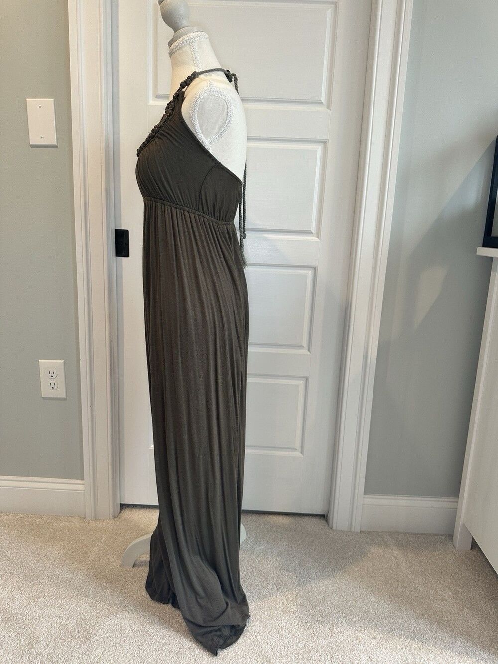 Olive Green Beaded Halter Maxi Dress – Boho Tribal Wood Bead Neckline – Size S - Picture 5 of 7
